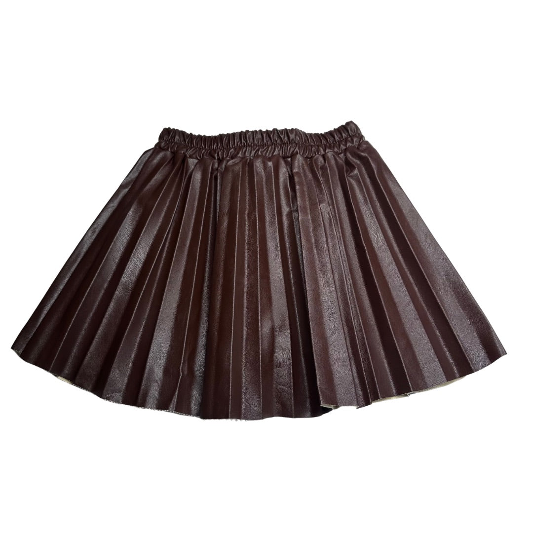 Chocolate Brown PU Leather Pleated Skirt