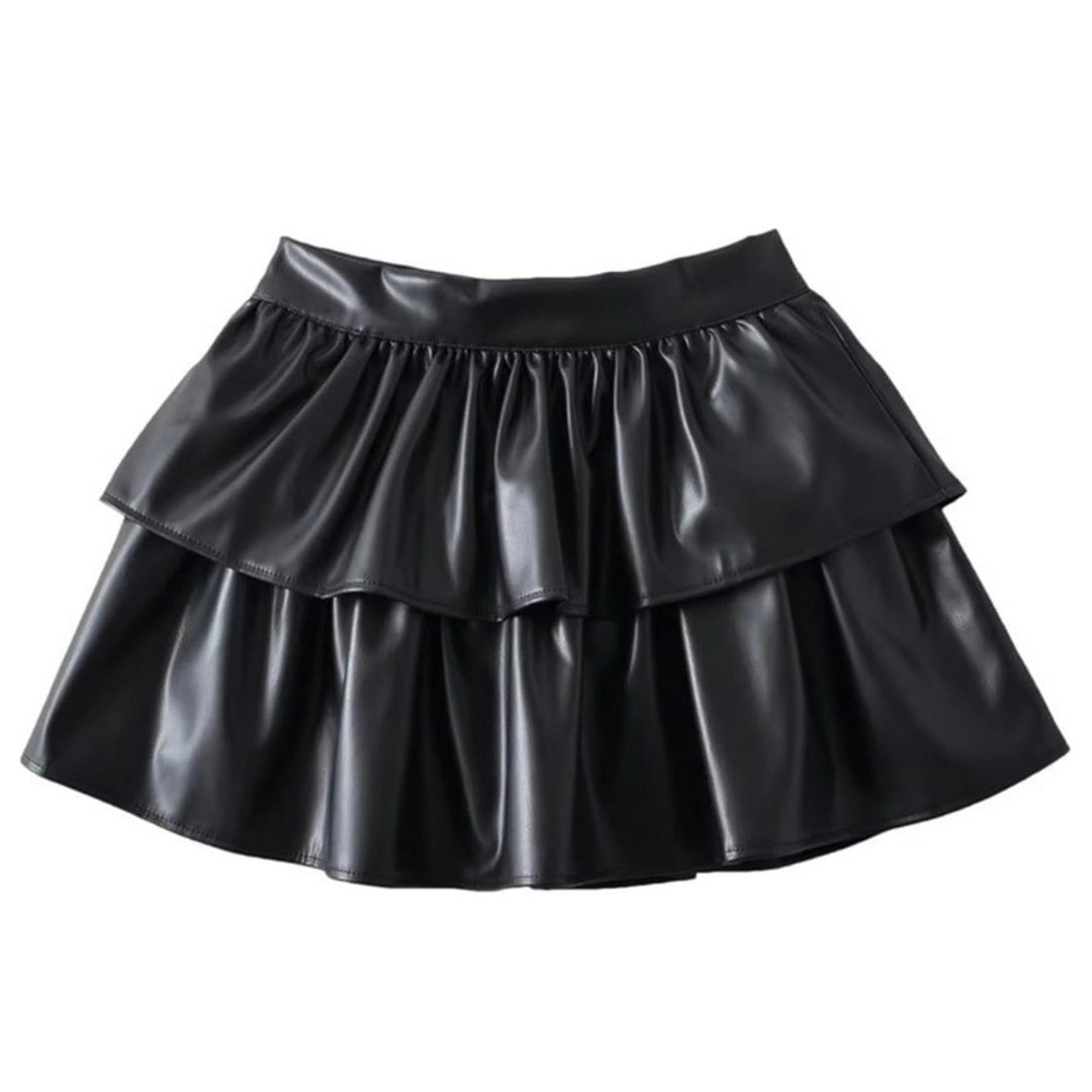 Girls Black Tiered Faux Leather Skirt