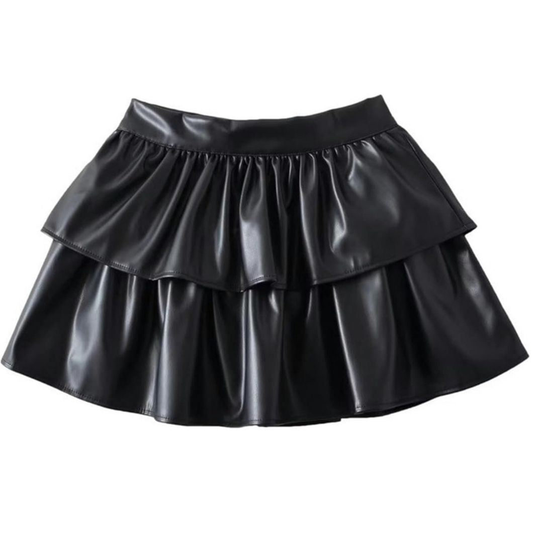 Girls Black Tiered Faux Leather Skirt